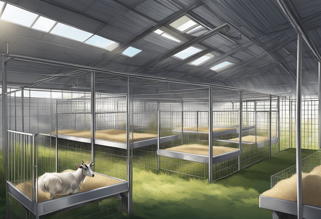 A well-ventilated, spacious goat house with clean bedding, natural light, and protection from extreme weather is crucial for their health