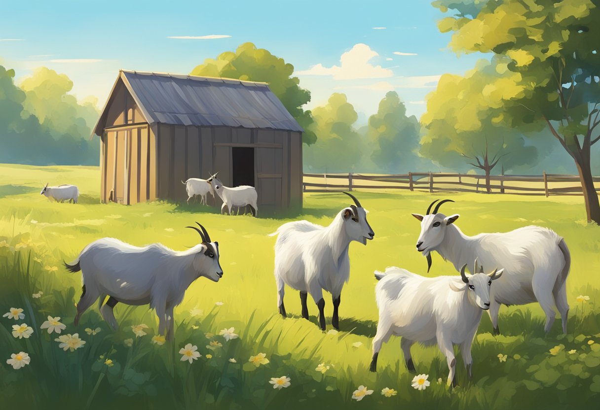 A sunny day with a clear blue sky, a spacious field with a few goats grazing, and a sturdy, well-constructed goat house in the background