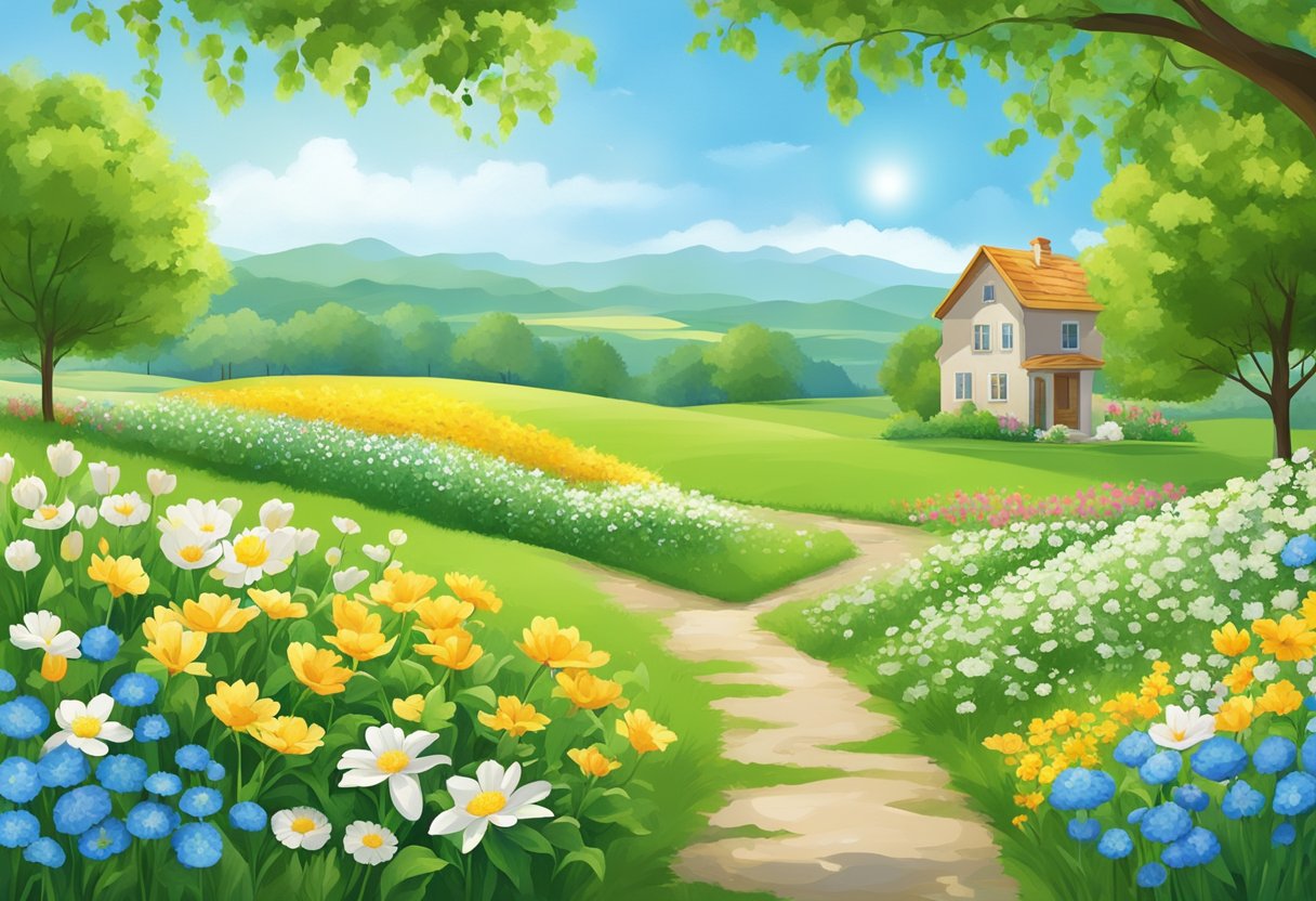 A sunny day with clear blue skies, surrounded by lush green fields and blooming flowers. A calendar with the months of spring and summer highlighted, indicating the best season for construction