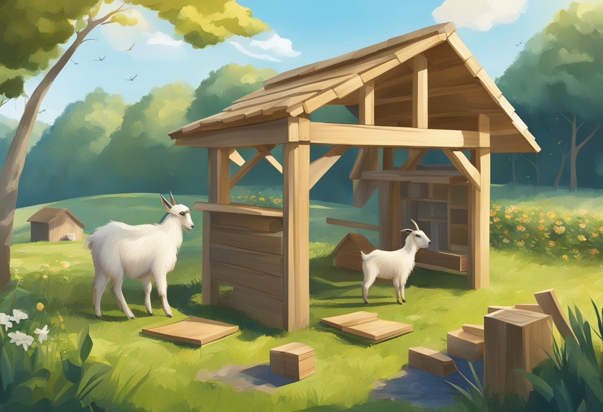 A sunny day with blue skies, a green field, and a small goat house being constructed with wood and tools scattered around