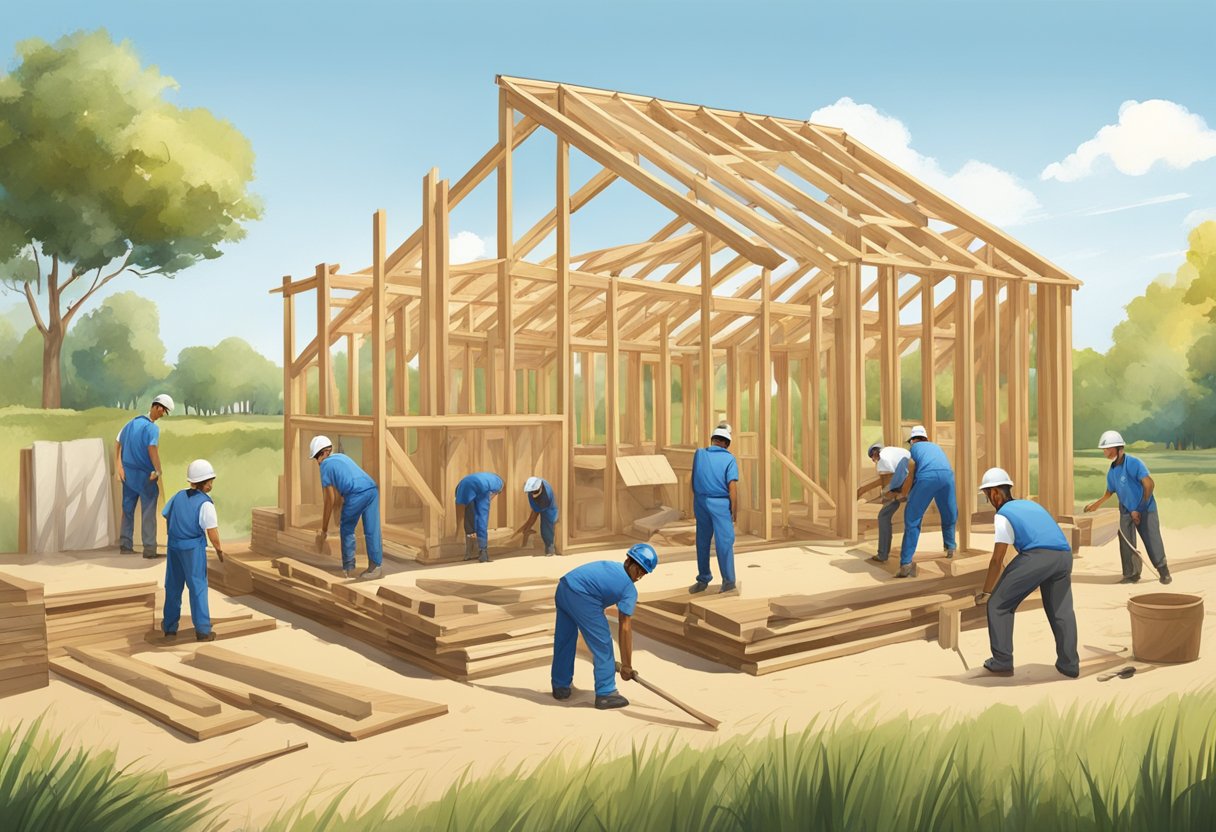 A sunny day with clear blue skies, showing a goat house being constructed with workers laying down the foundation and assembling the wooden frame