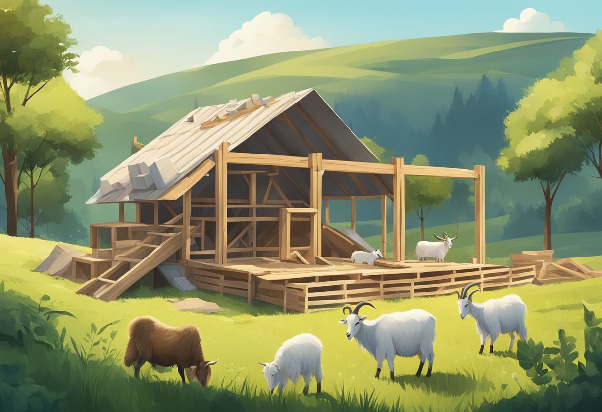 A sunny day with a clear blue sky, a sturdy goat house being built in a grassy field surrounded by rolling hills. Materials and tools scattered around the construction site