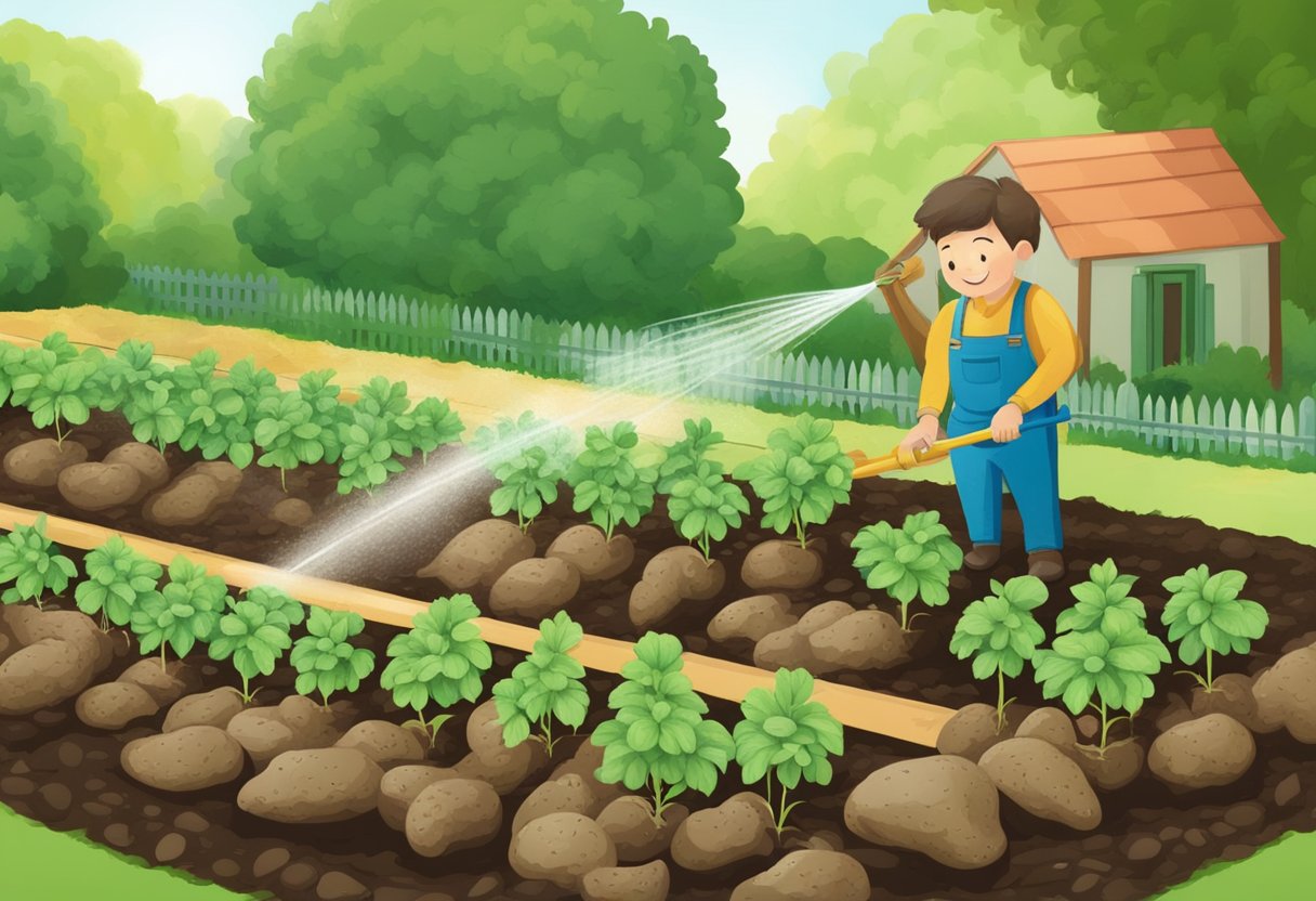 Potatoes being watered in a garden