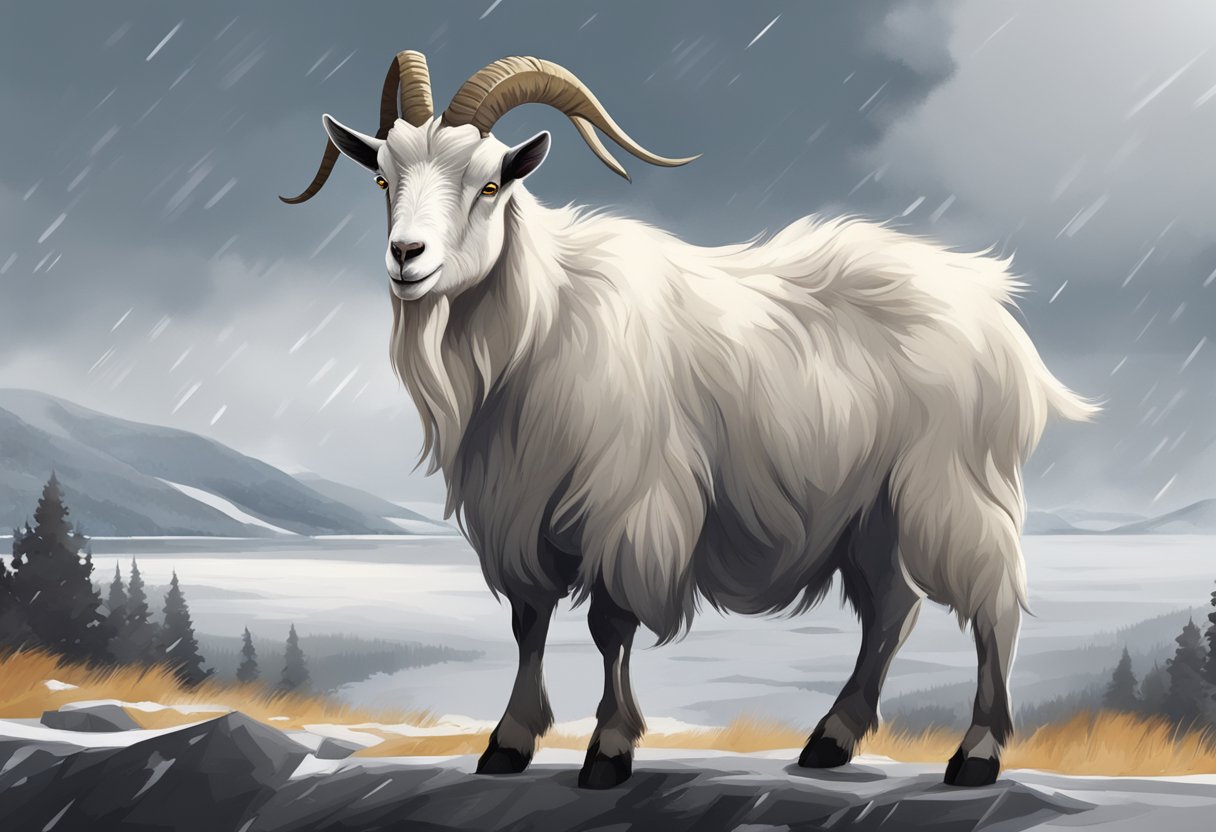 A goat stands strong in harsh weather, its thick coat and sturdy build showing resilience to extreme conditions