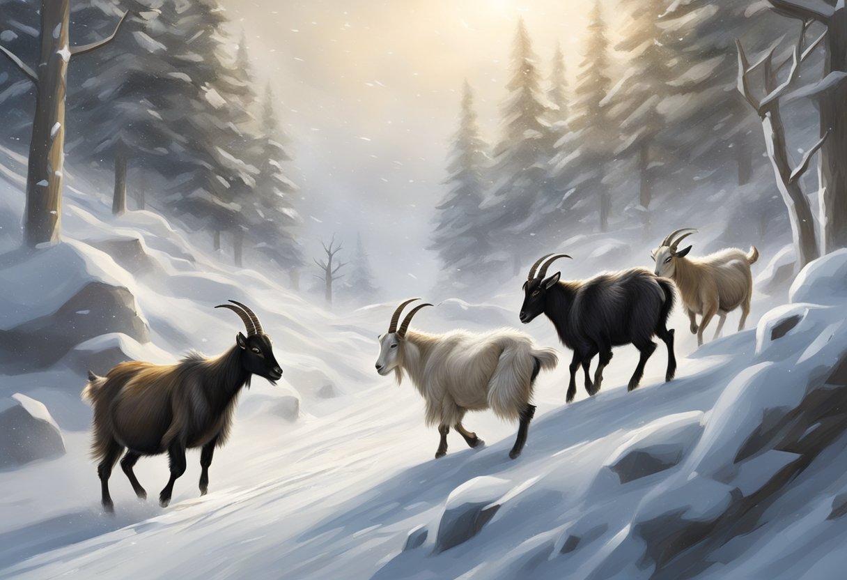 Goats navigating through snow and wind, seeking shelter from extreme weather conditions