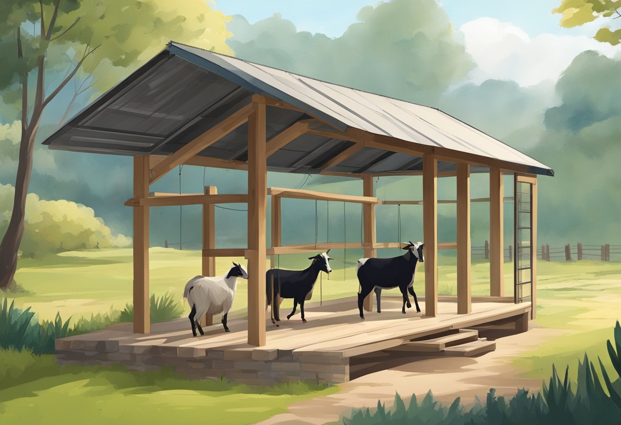 A sturdy, spacious shelter with a sloped roof, open entrance, and elevated platform for goats to rest and stay dry