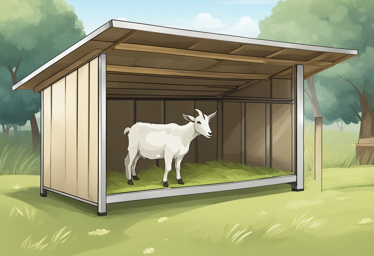 A sturdy goat shelter with a sloped roof, open front, and fenced enclosure. Hay and water trough inside. Sturdy materials and proper ventilation