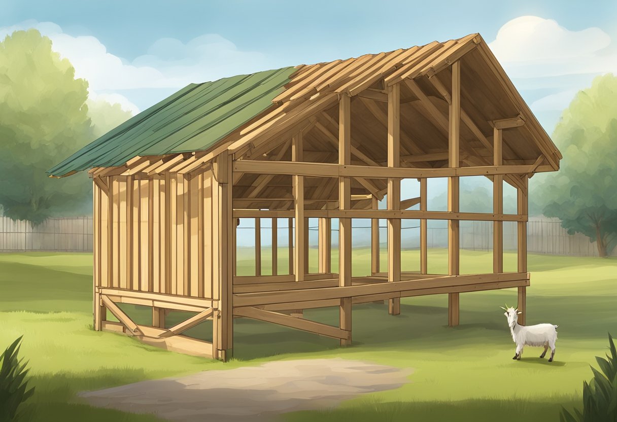 A sturdy wooden frame is being constructed for a goat shelter, with a sloped roof and a fenced-in area for grazing