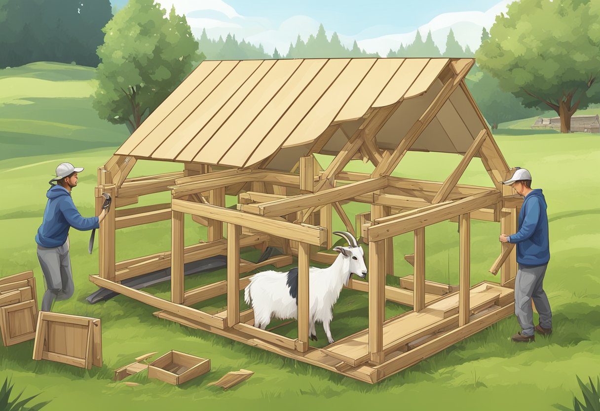 A wooden frame is being assembled with tools and materials scattered around. A goat shelter is taking shape in a grassy field