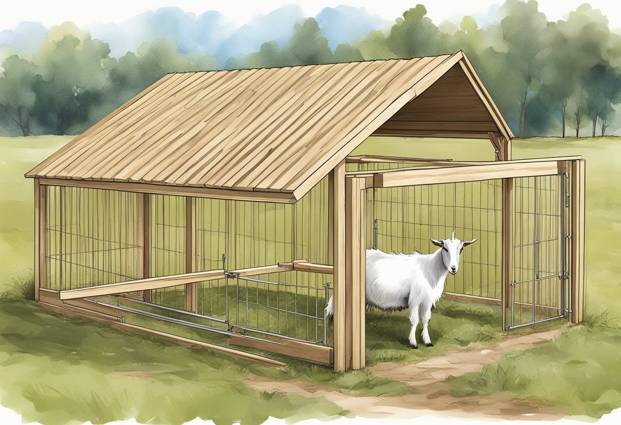 A goat shelter being constructed with a sturdy wooden frame, a sloped roof, and a gated entrance. Hay and bedding are being laid inside