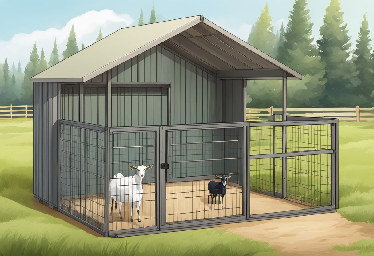 A sturdy goat shelter with a sloped roof, open front, and sturdy wooden walls, surrounded by a fenced-in area