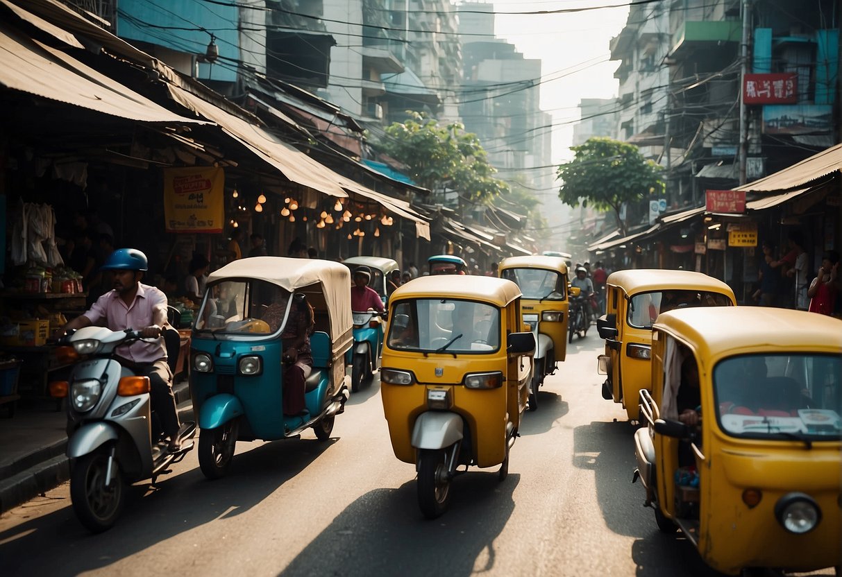Busy city streets lined with colorful buildings, bustling markets, and vibrant nightlife. Tuk-tuks and motorbikes weave through the traffic, while street vendors sell delicious Thai street food