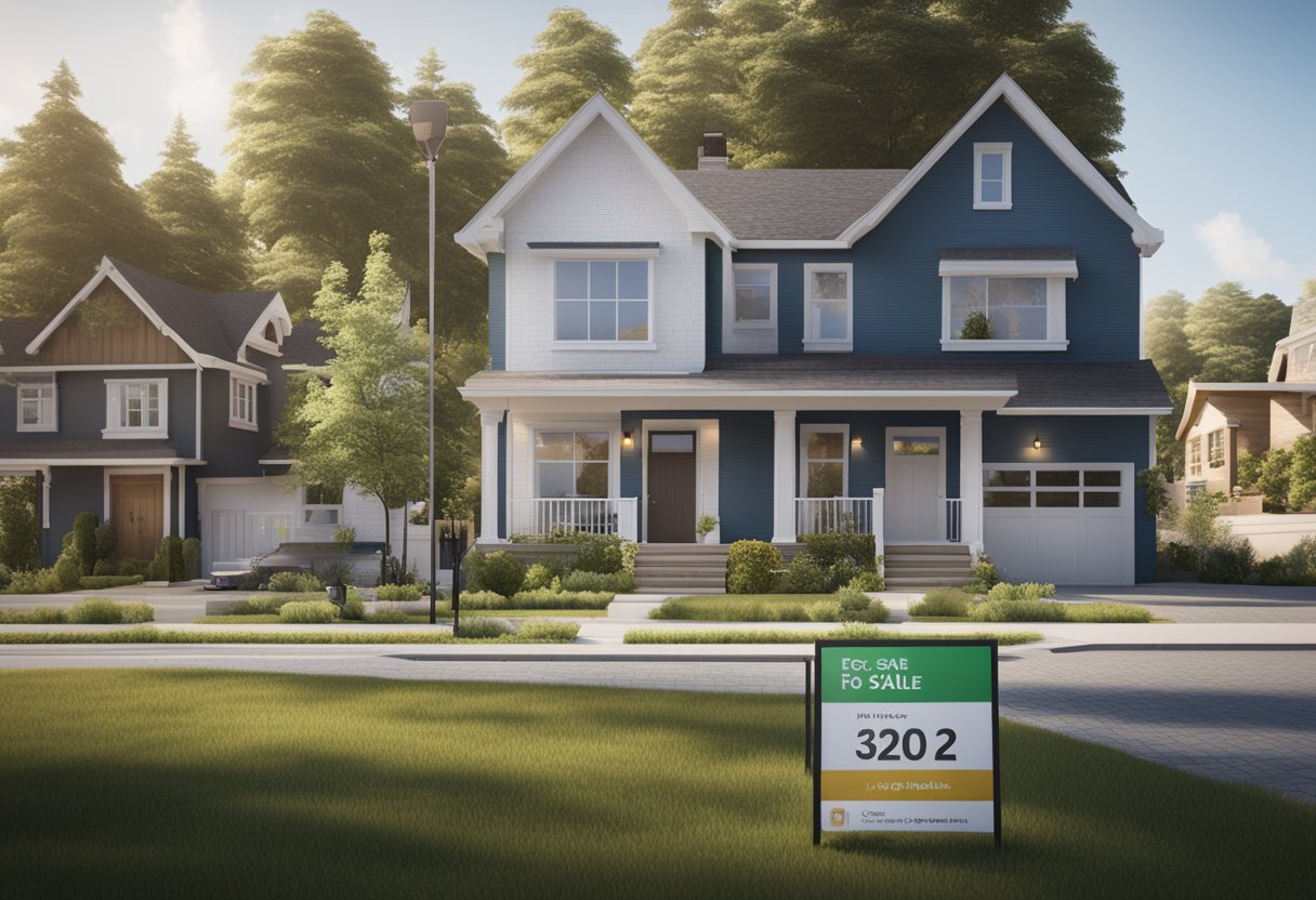 A house with a "For Sale" sign in the front yard, surrounded by a row of identical houses. A chart showing fluctuating mortgage rates is displayed on a nearby billboard