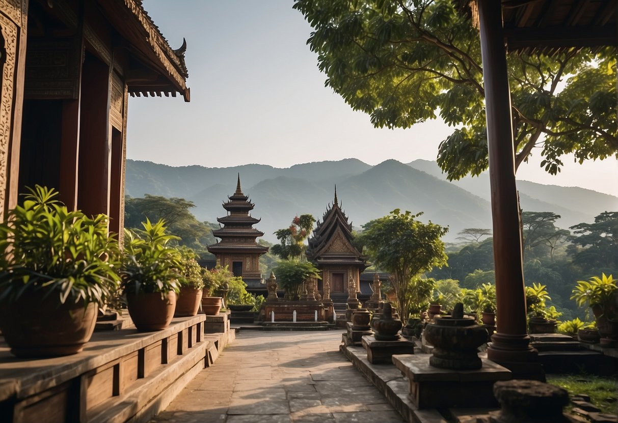 A serene temple nestled among lush greenery in Chiang Mai, with traditional Thai architecture and peaceful surroundings