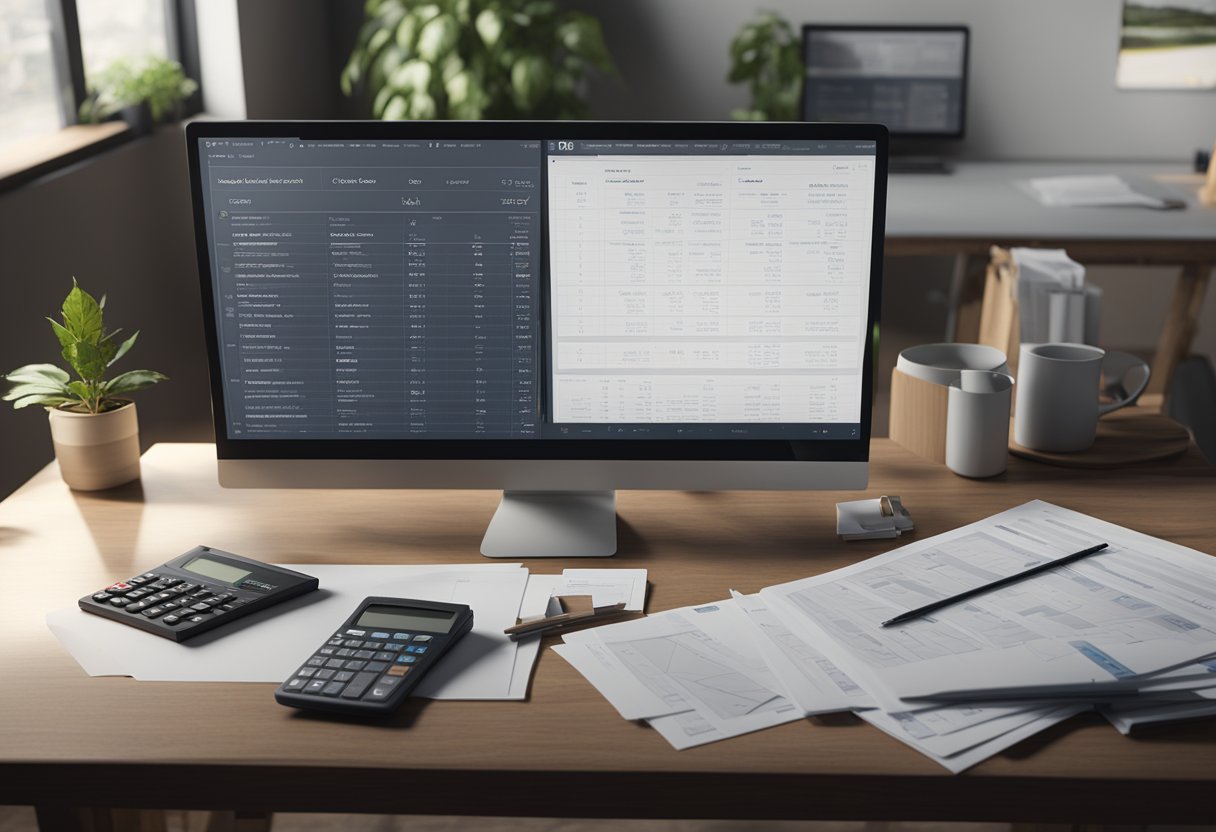 A table with various loan options displayed on a computer screen, alongside paperwork and a calculator