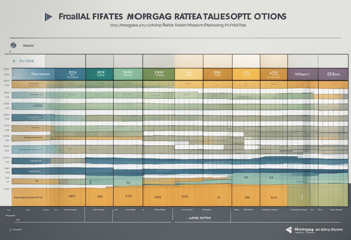 A chart displaying various mortgage rate options, with labeled columns for fixed, adjustable, and hybrid rates