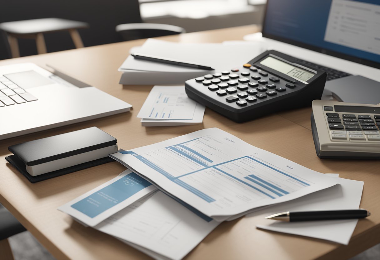 A desk with various loan documents spread out, including mortgage, personal, and student loan options. A calculator and pen sit nearby