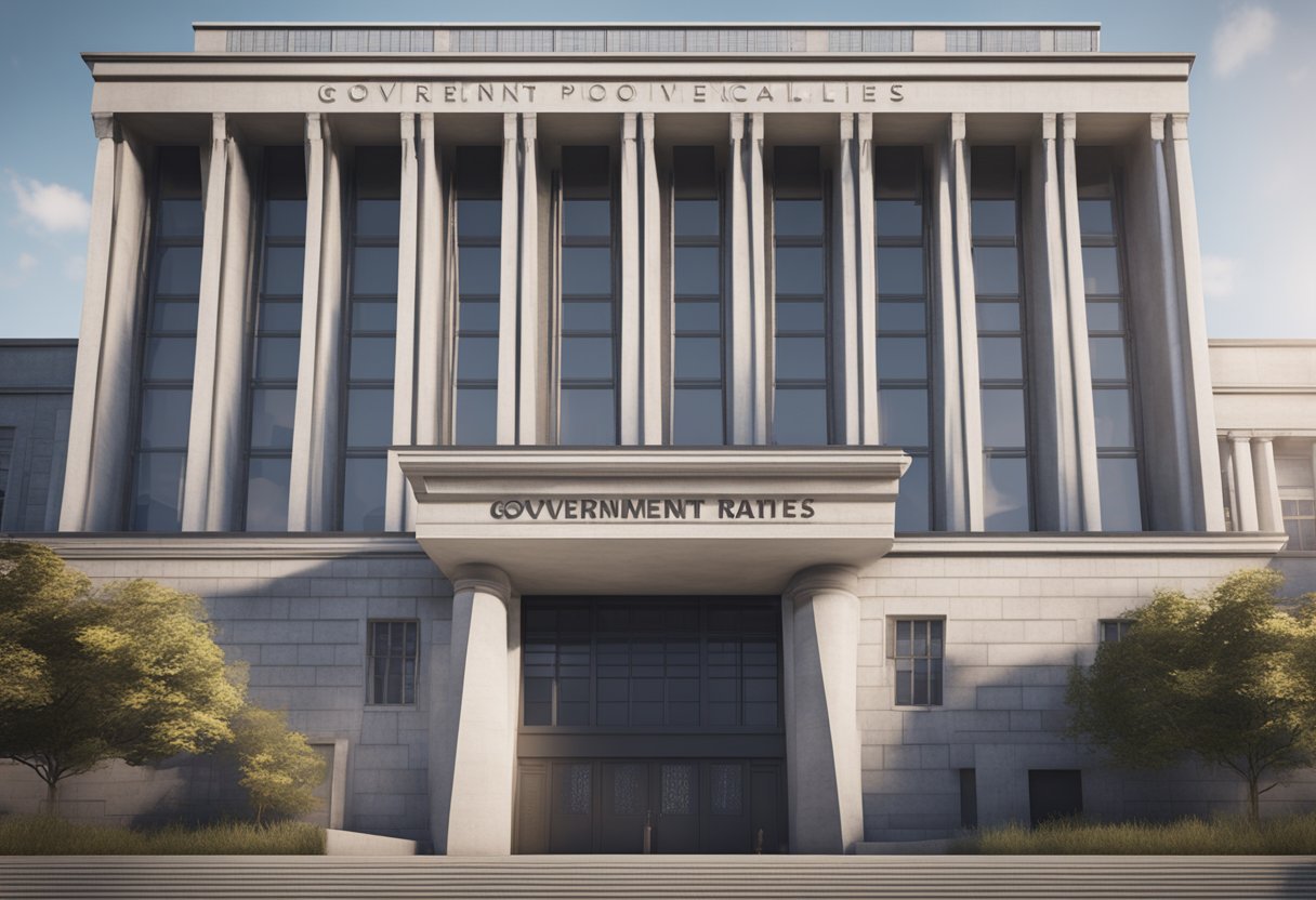 A government building with a large sign displaying "Government Policies" and a graph showing fluctuating mortgage rates