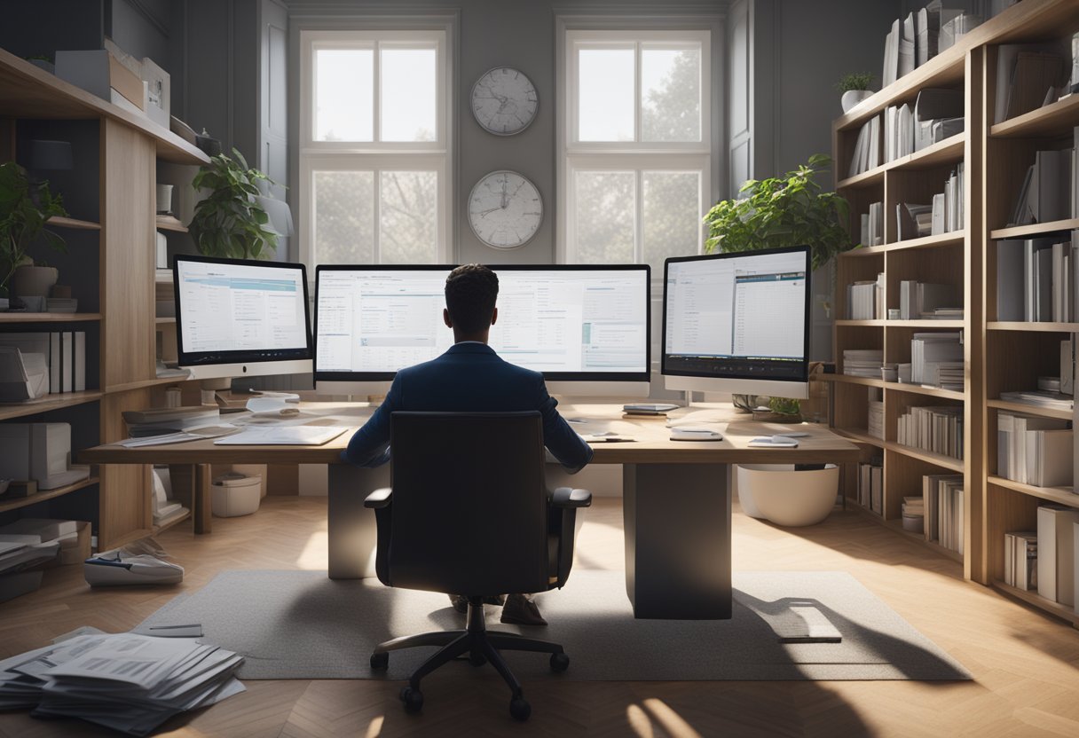 A person sitting at a desk, surrounded by financial documents and a computer, researching and comparing different loan options and debt repayment strategies