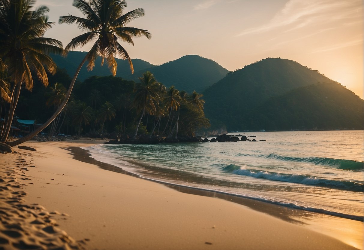 A pristine beach in Phuket, with turquoise waters and palm trees lining the shore. The sun sets over the horizon, casting a warm glow on the sandy beaches