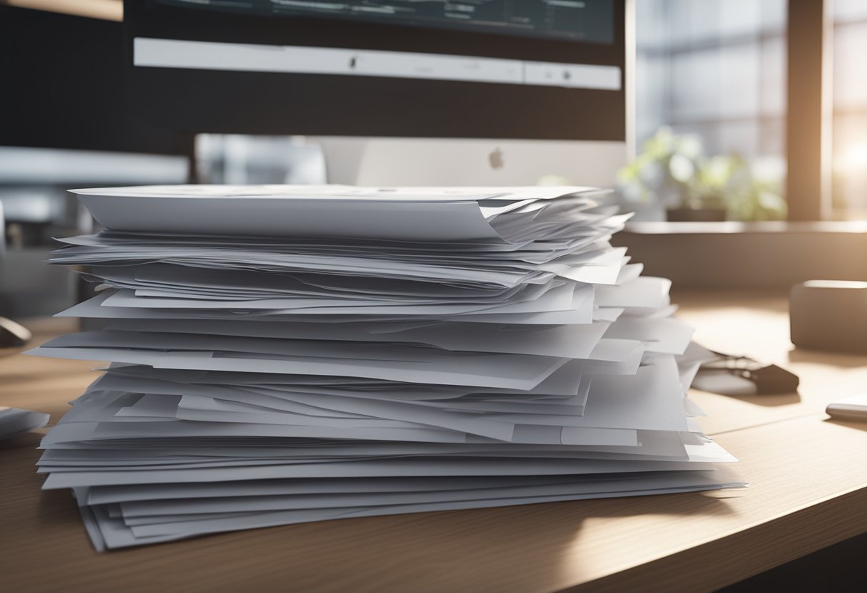 A stack of papers labeled "Frequently Asked Questions Loan Options" sits on a desk, surrounded by a computer, calculator, and pen