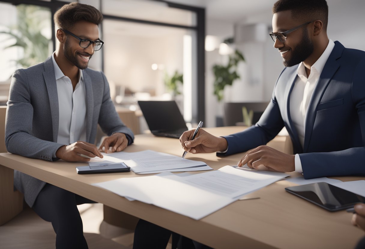 A person signing a new mortgage agreement with a bank representative, exchanging keys and paperwork