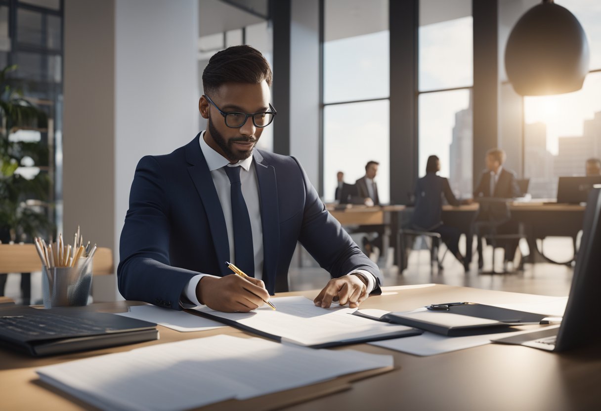 A person signing a loan agreement with a banker at a desk