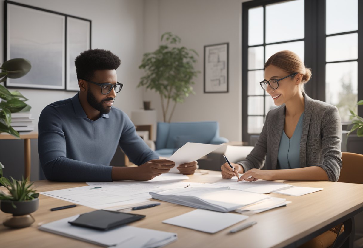 A homeowner signs paperwork at a desk, while a mortgage broker explains the basics of refinancing. Papers and a calculator sit on the table