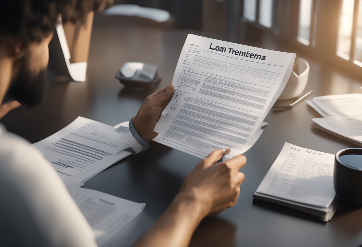 A person reads a document with "Loan Terms" at the top, surrounded by financial terms and conditions