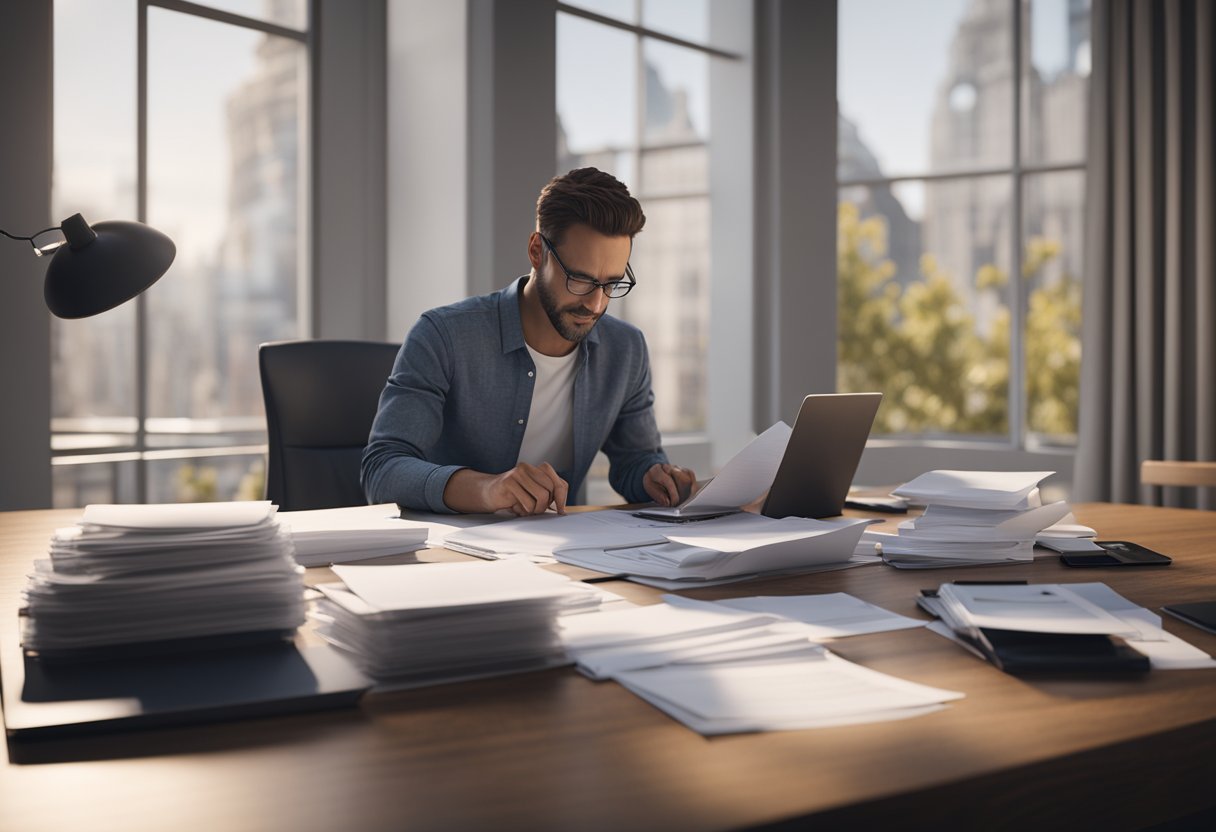 A person reviewing documents, a calculator, and a stack of papers on a desk