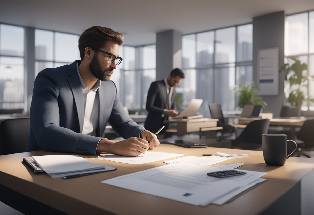 A person signs paperwork at a desk while a bank representative explains the refinancing process. Papers and a calculator are spread out on the desk