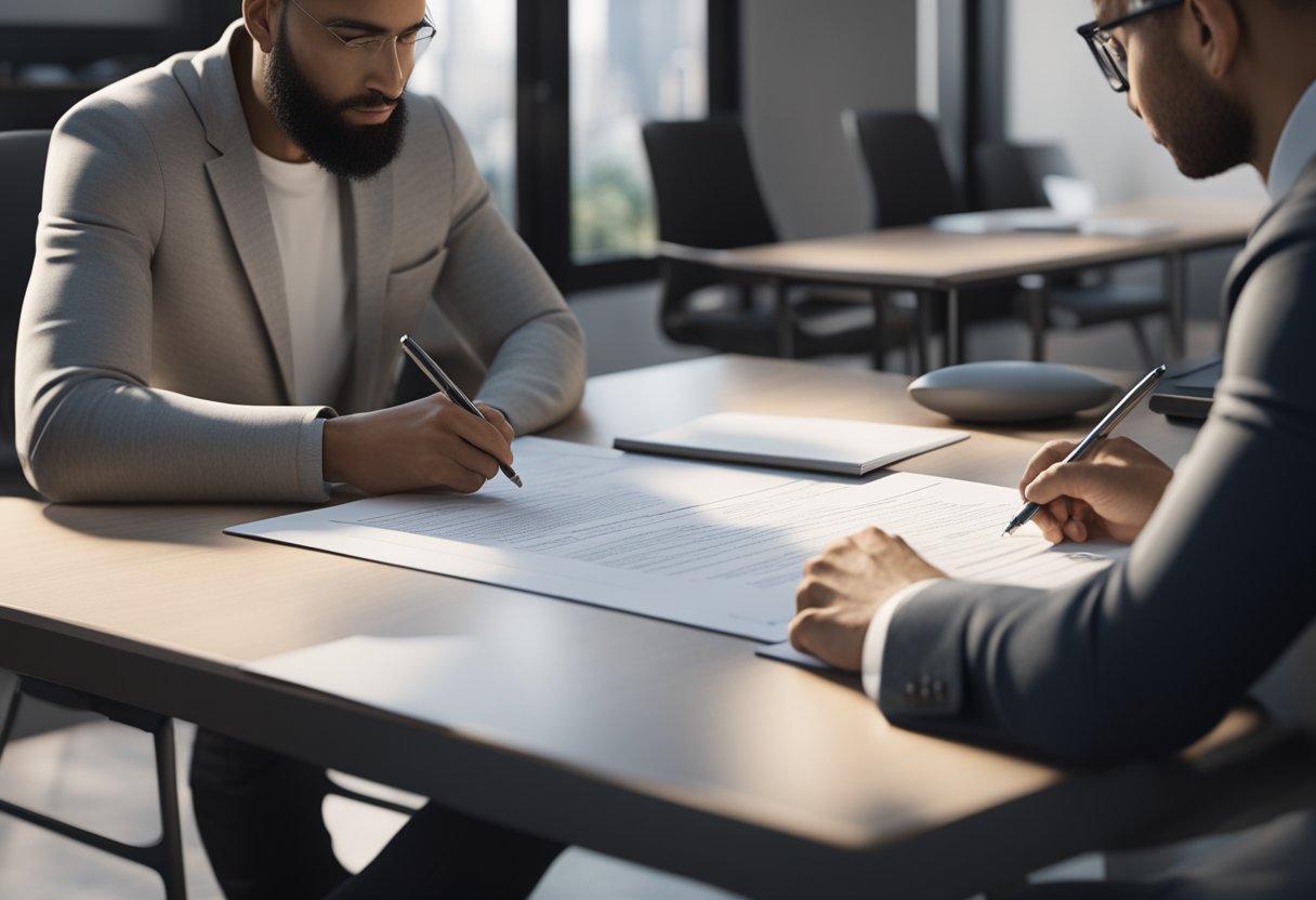 A table with two individuals signing a document, with terms and conditions written in bold on the top of the page