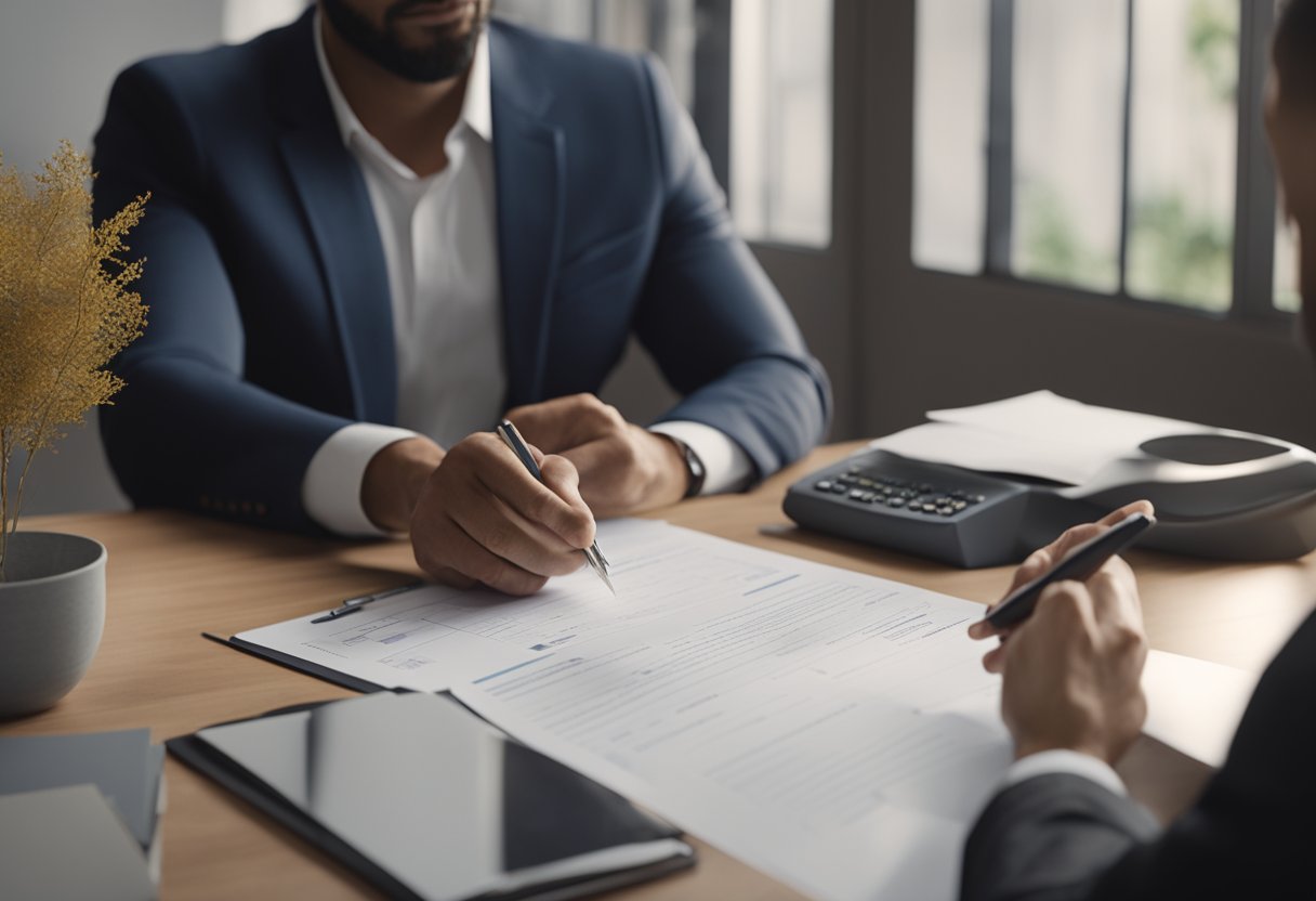 A person signs paperwork while a banker explains costs and fees for refinancing a home loan