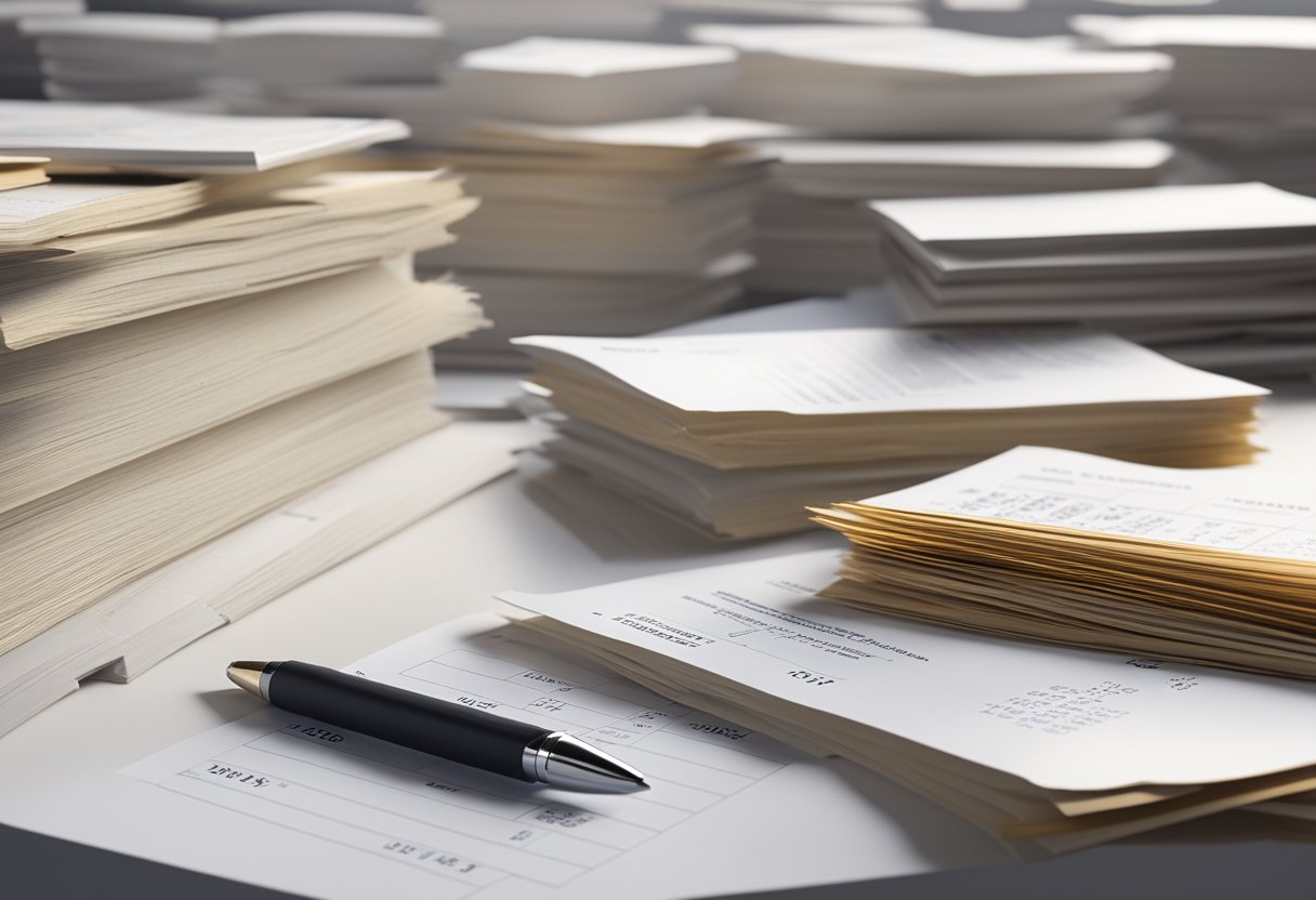 A stack of loan documents being reviewed and signed by a borrower, with a calendar showing the loan term in the background