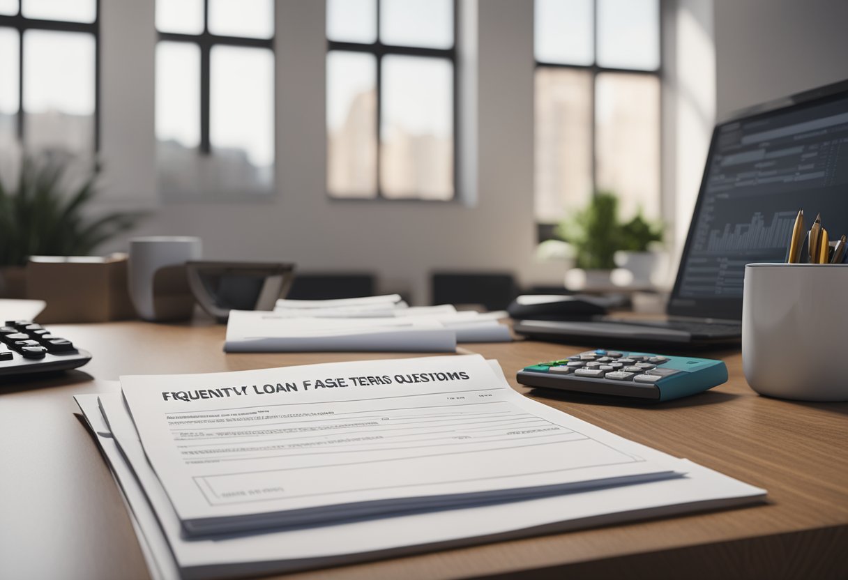 A stack of papers labeled "Frequently Asked Questions Loan Terms" sits on a desk, surrounded by a computer, pen, and calculator