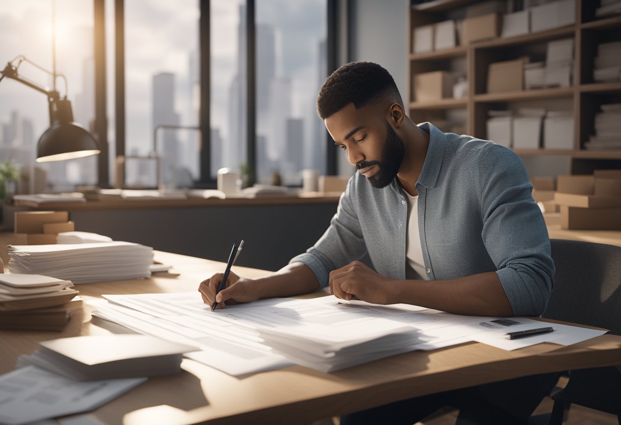 A person signing a mortgage document with a thoughtful expression, surrounded by stacks of paperwork and financial charts