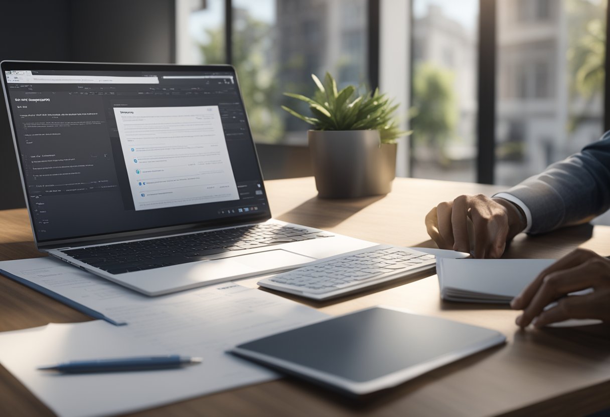 A person sitting at a desk, reading a document titled "Frequently Asked Questions Refinancing" with a laptop and calculator nearby