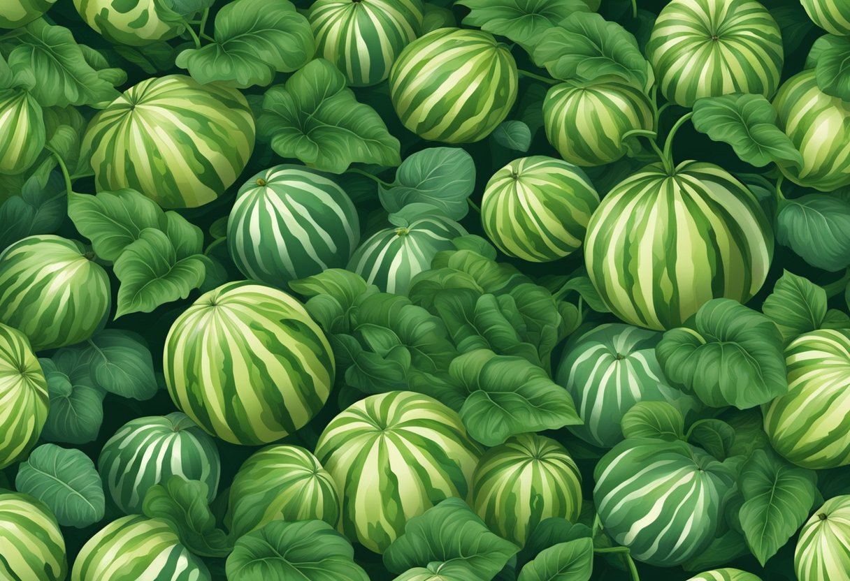 Lush green vines sprawl across the garden, bearing large, round watermelons nestled among broad leaves