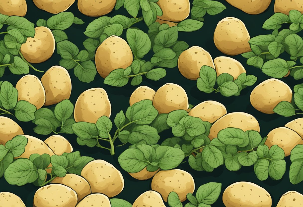 Several potatoes grow from a single plant, nestled in the soil, with green leaves and stems above ground