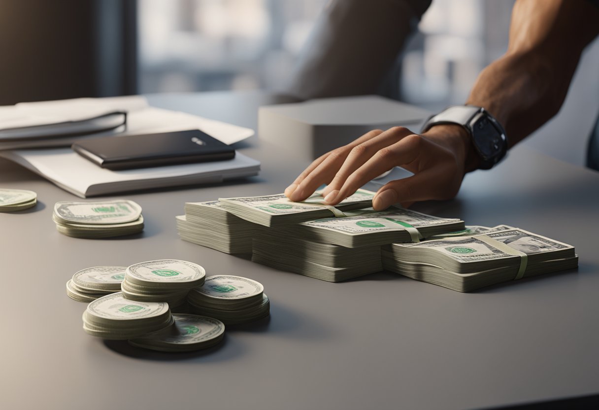 A hand placing money on a table, a contract nearby