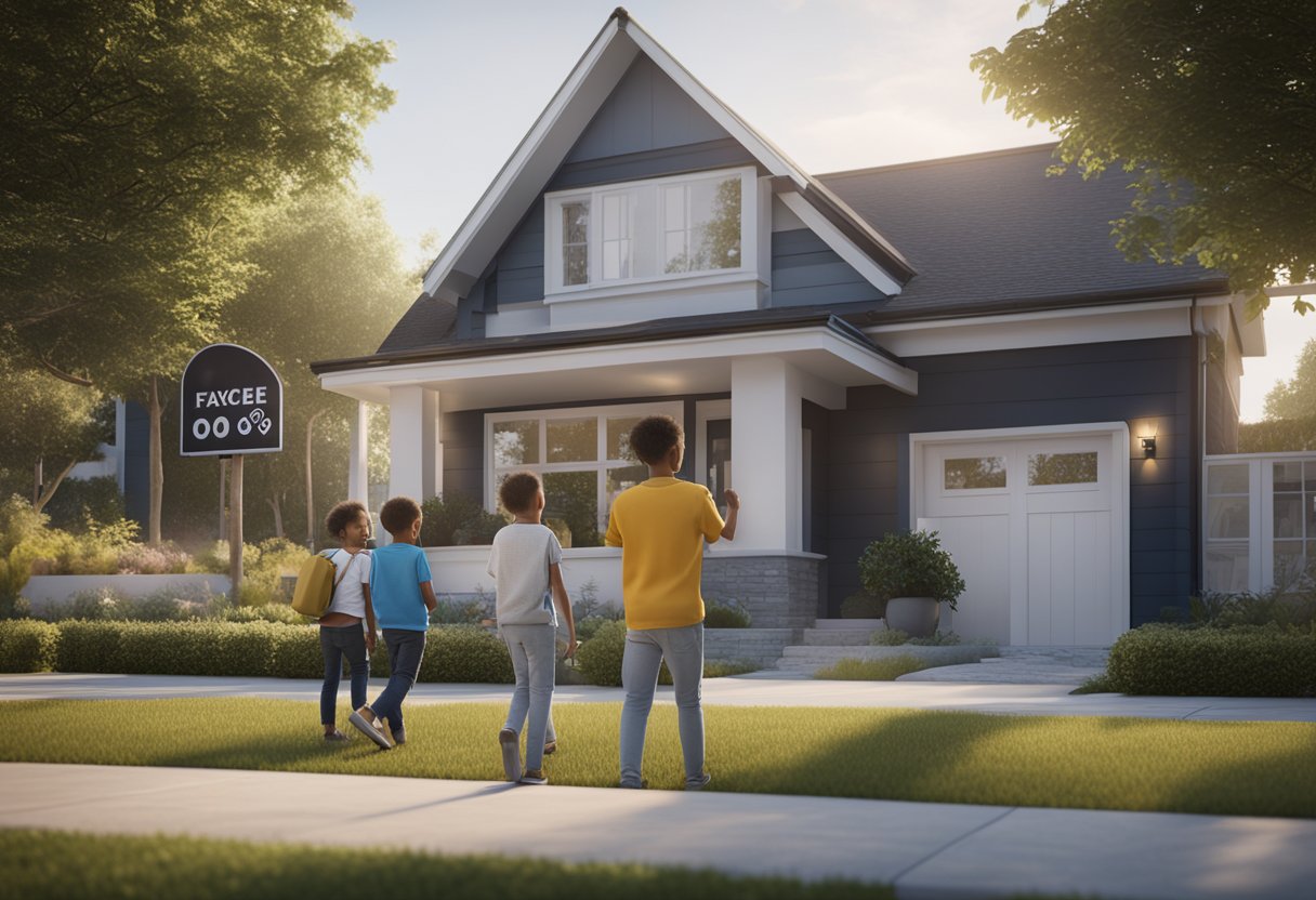 A house with a "fixed-rate mortgages" sign in the front yard, a smiling family inside, and a stable interest rate displayed on a chart