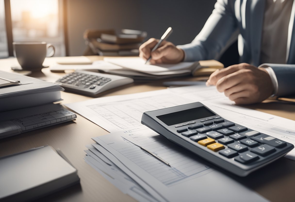 A person calculating down payment size using a calculator and financial documents on a desk