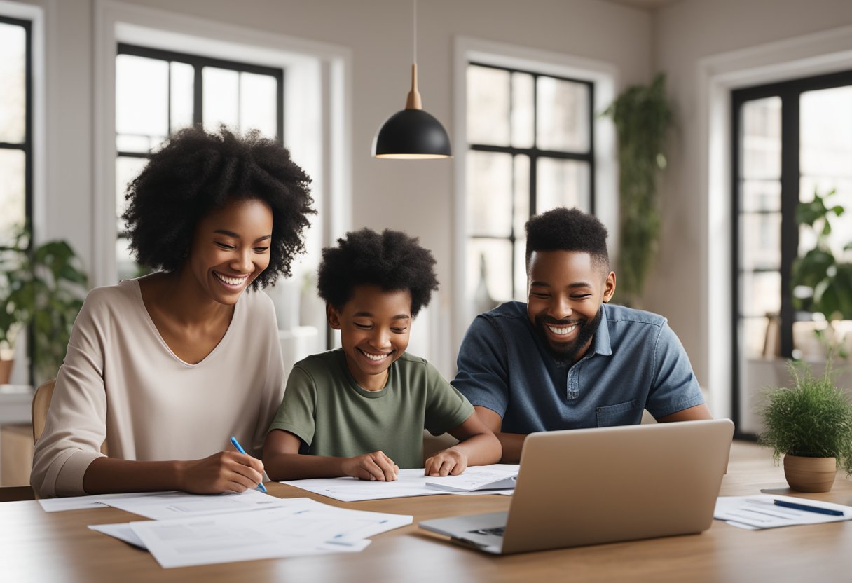 A family sits around a table, smiling as they review paperwork for a fixed-rate mortgage. A chart showing steady interest rates is displayed on a laptop