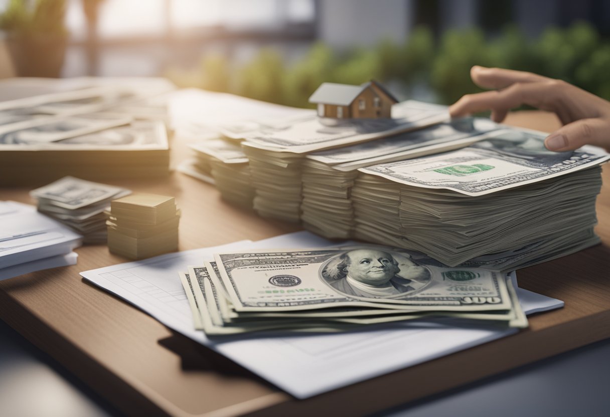 A hand places money on a table, next to a house and a stack of documents. Text reads "Down Payment and Mortgage Types"