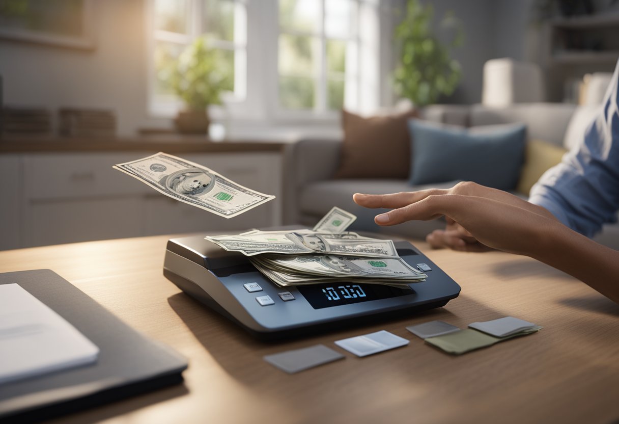 A hand placing money on a scale, with a house and a mortgage document in the background