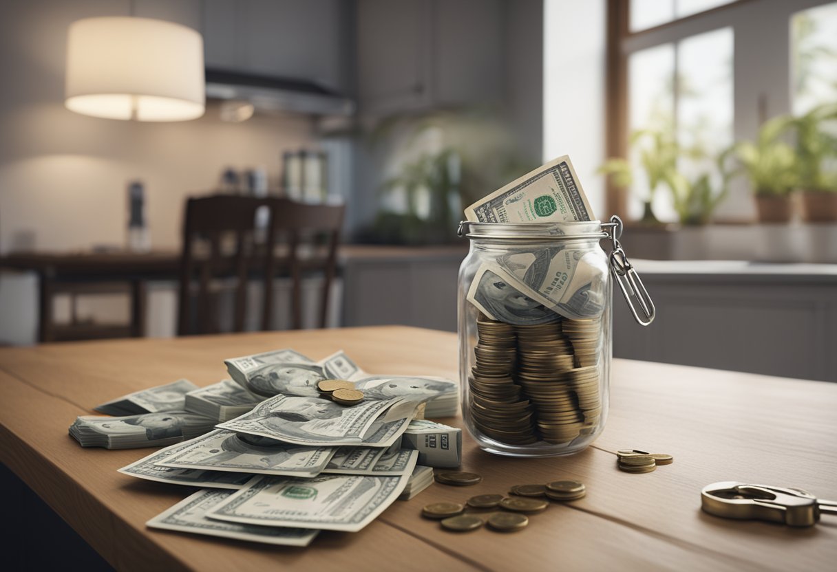 A couple carefully counting and stacking money in a jar labeled "Down Payment" on a table, with a house key and a mortgage brochure nearby