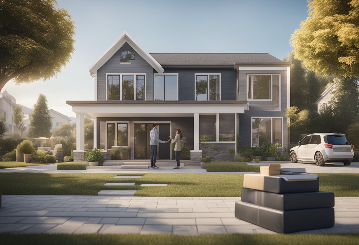 A house with a "For Sale" sign in the front yard, a smiling couple shaking hands with a real estate agent, and a stack of paperwork on a table