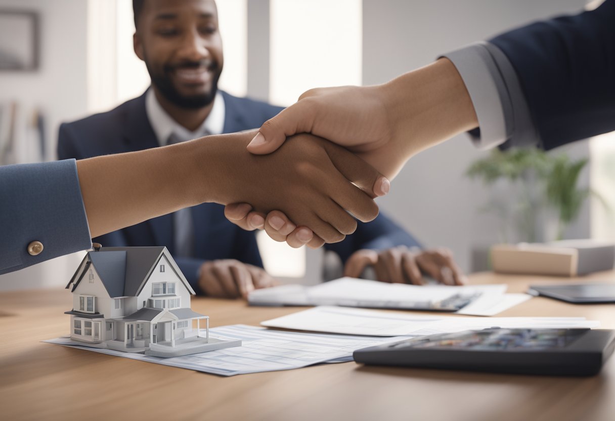 A person handing over a check to a real estate agent, while discussing mortgage options