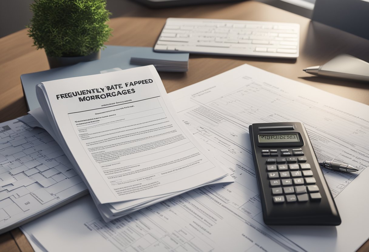 A stack of papers with "Frequently Asked Questions Fixed-rate mortgages" printed on top, surrounded by a computer, calculator, and pen