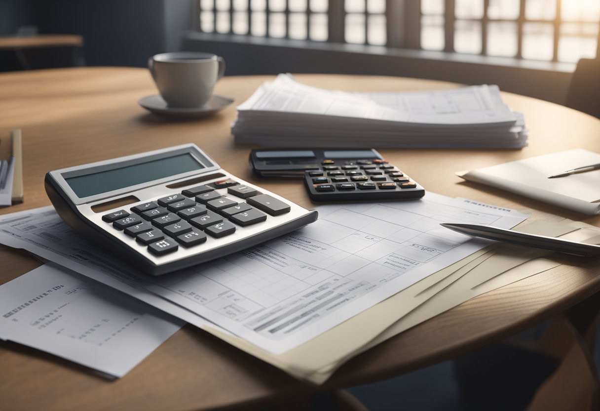 A stack of bills and a calculator on a table, with a contract and a set of keys nearby